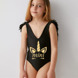 Mommy and Me Bathing Suits Golden Unicorn Mama And Mini Feather Shoulder Backless Swimsuits
