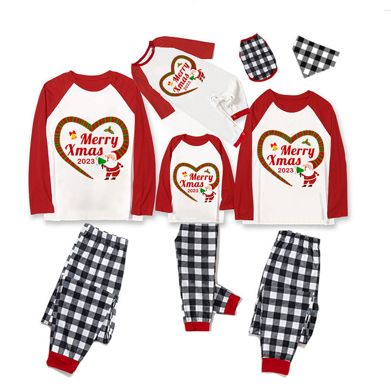 2023 Christmas Matching Family Pajamas Santa Heart Merry Xmas Black White Plaids Pants Pajamas Set