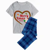 2023 Christmas Matching Family Pajamas Santa Heart Merry Xmas Gray Short Blue Pants Pajamas Set