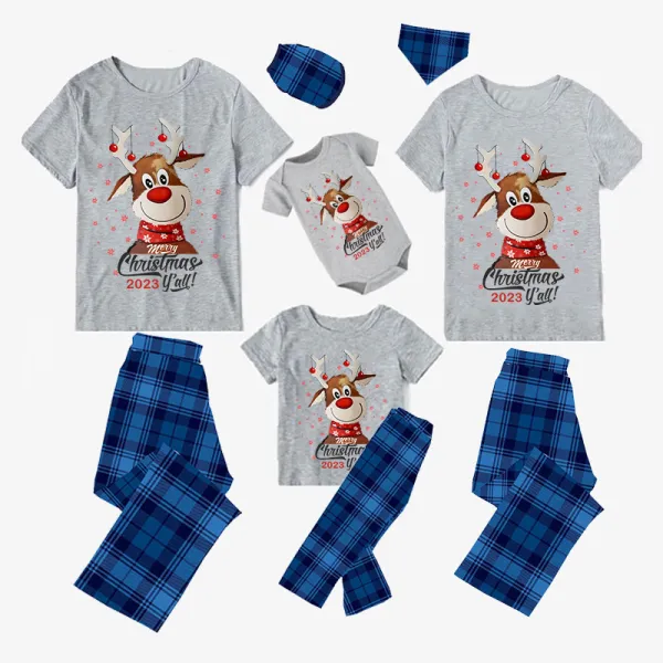 2023 Christmas Matching Family Pajamas Christmas Exclusive Design Deer Head Snowflake Merry Blue Short Christmas Pajamas Set