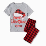 2023 Christmas Matching Family Pajamas Red Plaids Christmas Hat Merry Christmas Letter Gray Pajamas Set With Baby Pajamas