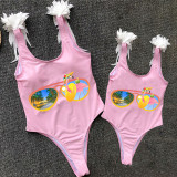 Mommy and Me Bathing Suits Sunglasses Flamingo Mama And Mini Feather Shoulder Backless Swimsuits