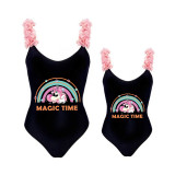 Mommy and Me Bathing Suits Unicorn Magic Time Flower Shoulder Backless Swimsuits