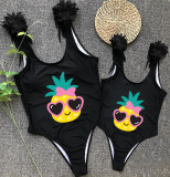Mommy and Me Bathing Suits Pineapple With Glasses Mama And Mini Feather Shoulder Backless Swimsuits