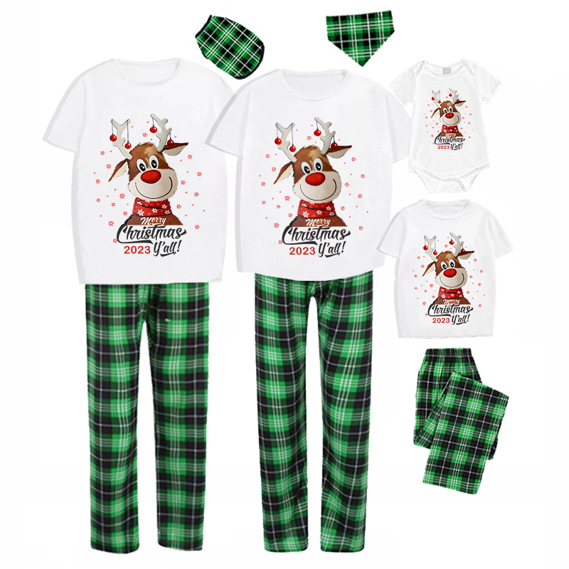 2023 Christmas Matching Family Pajamas Christmas Exclusive Design Deer Head Snowflake Merry Green Short Christmas Pajamas Set