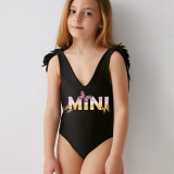 Mommy and Me Bathing Suits Butterfly Mama And Mini Slogan Feather Shoulder Backless Swimsuits
