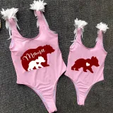 Mommy and Me Bathing Suits Red Bear Mama Mini Feather Shoulder Backless Swimsuits