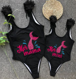 Mommy and Me Bathing Suits Mermama Mermini Feather Shoulder Backless Swimsuits