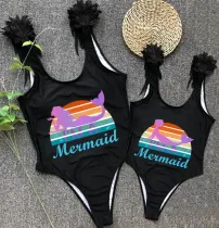 Mommy and Me Bathing Suits I'm a Mermaid Mama And Mini Feather Shoulder Backless Swimsuits
