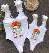 Mommy and Me Bathing Suits Mommy Baby Shark Boo Boo Boo Feather Shoulder Backless Swimsuits