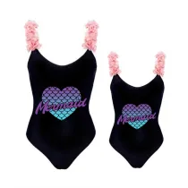Mommy and Me Bathing Suits Mermaid Heart Mama And Mini Flower Shoulder Backless Swimsuits