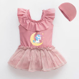 Girls Bathing Suits Unicorn Moon One Piece Lace Collar Swimsuits