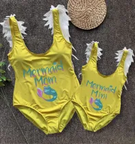Mommy and Me Bathing Suits Mermaid Mama And Mini Feather Shoulder Backless Swimsuits