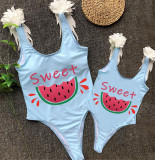Mommy and Me Bathing Suits Sweet Watermelon Mama And Mini Feather Shoulder Backless Swimsuits
