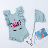 Girls Bathing Suits Unicorn Bow Tie Mini One Piece Lace Collar Swimsuits