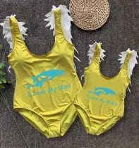 Mommy and Me Bathing Suits Whale I Love My Mama Mini Feather Shoulder Backless Swimsuits