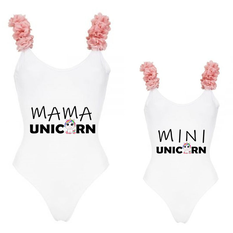 Mommy and Me Bathing Suits Unicorn Slogan Flower Shoulder Backless Swimsuits
