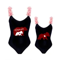 Mommy and Me Bathing Suits Red Bear Mama Mini Flower Shoulder Backless Swimsuits