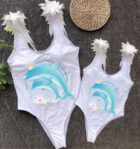 Mommy and Me Bathing Suits Mommy Baby Dolphin Feather Shoulder Backless Swimsuits