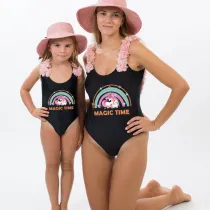 Mommy and Me Bathing Suits Unicorn Magic Time Flower Shoulder Backless Swimsuits