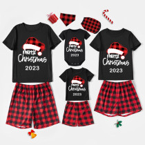 2023 Christmas Matching Family Pajamas Red Plaids Christmas Hat Merry Christmas Letter Black Pajamas Set With Baby Pajamas