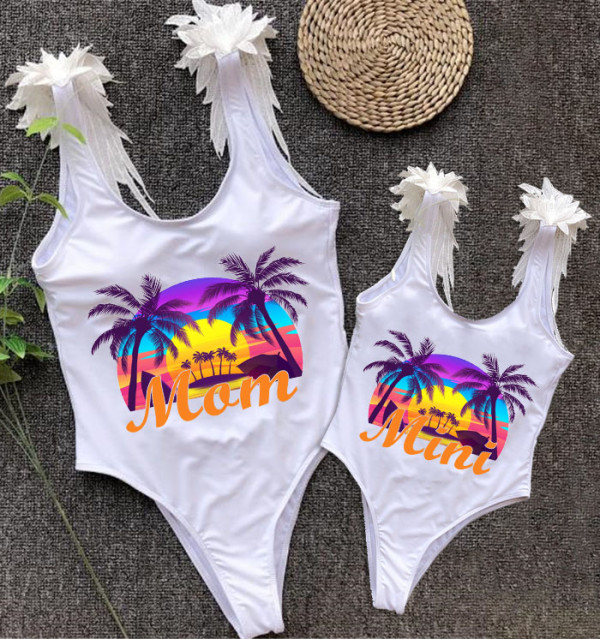 Mommy and Me Bathing Suits Summer Vacation Mama And Mini Feather Shoulder Backless Swimsuits