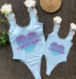 Mommy and Me Bathing Suits Mermaid Love Mama And Mini Feather Shoulder Backless Swimsuits