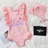 Girls Bathing Suits Baby Mermaid Slogan One Piece Ruffled Cuff Swimsuits