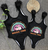 Mommy and Me Bathing Suits Unicorn Magic Time Feather Shoulder Backless Swimsuits