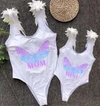 Mommy and Me Bathing Suits Butterfly Mama And Mini Feather Shoulder Backless Swimsuits