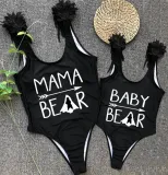 Mommy and Me Bathing Suits Bear Slogan Mama Mini Feather Shoulder Backless Swimsuits