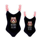 Mommy and Me Bathing Suits Bear With Glasses Mama Mini Flower Shoulder Backless Swimsuits