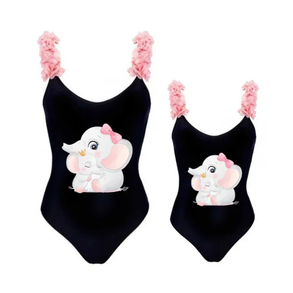 Mommy and Me Bathing Suits Cute Elephants Mama And Mini Flower Shoulder Backless Swimsuits