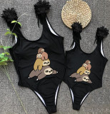Mommy and Me Bathing Suits Sloth Family Feather Shoulder Backless Swimsuits