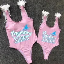 Mommy and Me Bathing Suits Mommy Baby Shark Feather Shoulder Backless Swimsuits