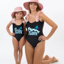 Mommy and Me Bathing Suits Mommy Baby Shark Flower Shoulder Backless Swimsuits