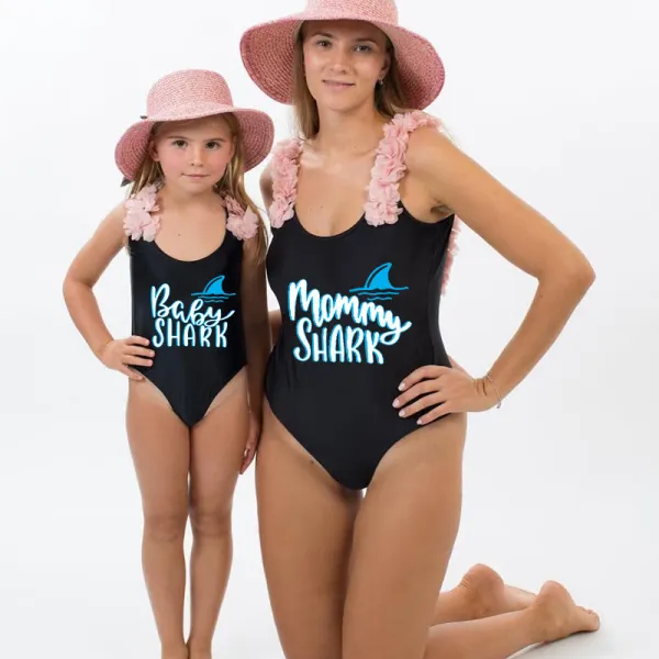 Mommy and Me Bathing Suits Mommy Baby Shark Flower Shoulder Backless Swimsuits