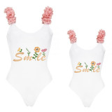 Mommy and Me Bathing Suits Smile Slogan Mama And Mini Flower Shoulder Backless Swimsuits
