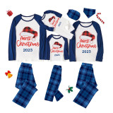2023 Christmas Matching Family Pajamas Red Plaids Christmas Hat Merry Christmas Letter Blue Pajamas Set With Baby Pajamas