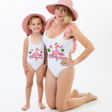 Mommy and Me Bathing Suits Flamingo Coconut Tree Mama And Mini Flower Shoulder Backless Swimsuits