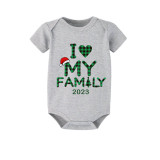 2023 Christmas Matching Family Pajamas Exclusive Design I Love My Family Gray Short Green Pants Pajamas Set
