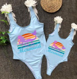 Mommy and Me Bathing Suits I'm a Mermaid Mama And Mini Feather Shoulder Backless Swimsuits