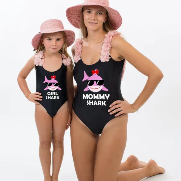 Mommy and Me Bathing Suits Mommy Girl Shark Flower Shoulder Backless Swimsuits