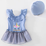 Girls Bathing Suits Birthday Girl Unicorn One Piece Lace Collar Swimsuits
