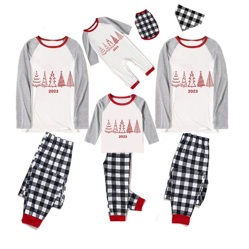 2023 Christmas Matching Family Pajamas Exclusive Christmas Tree Gray Black White Plaids Pants Pajamas Set