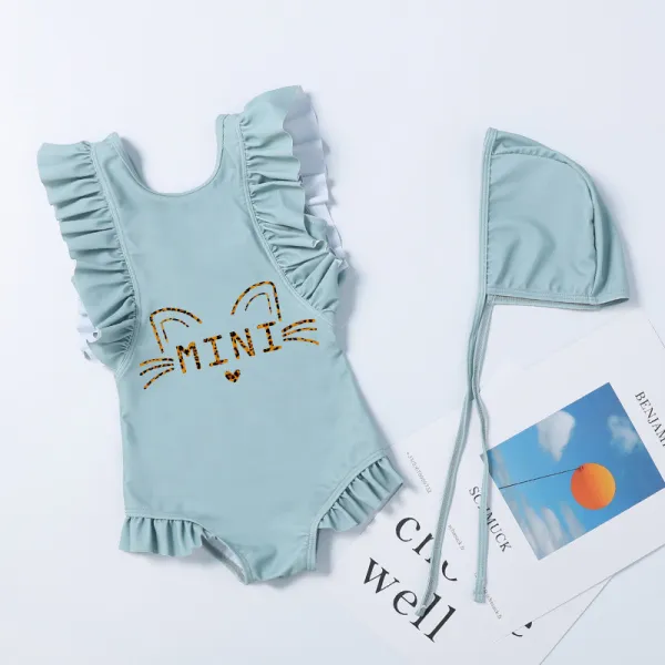 Girls Bathing Suits Mini Cat Leopard One Piece Ruffled Cuff Swimsuits