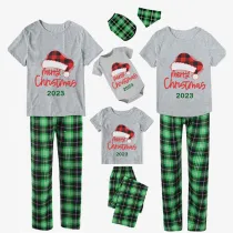 2023 Christmas Matching Family Pajamas Red Plaids Christmas Hat Merry Christmas Letter Green Short Pajamas Set With Baby Pajamas