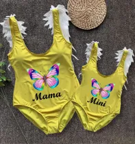 Mommy and Me Bathing Suits Butterfly Mama And Mini Feather Shoulder Backless Swimsuits