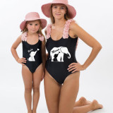 Mommy and Me Bathing Suits Elephant Mama And Mini Flower Shoulder Backless Swimsuits