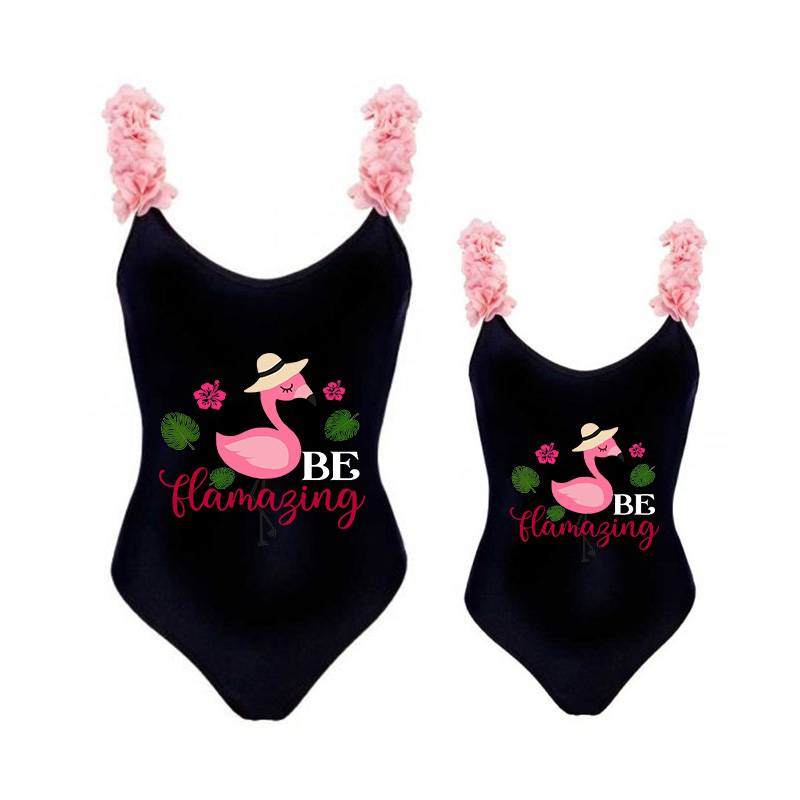 Mommy and Me Bathing Suits Flamingo Coconut Tree Mama And Mini Flower Shoulder Backless Swimsuits